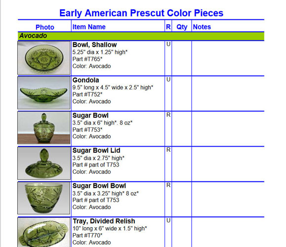 Early American Prescut Color Pieces section in Early American Prescut Collection List PDF file. This section is included in both of the Full List PDF files regardless of sort type.