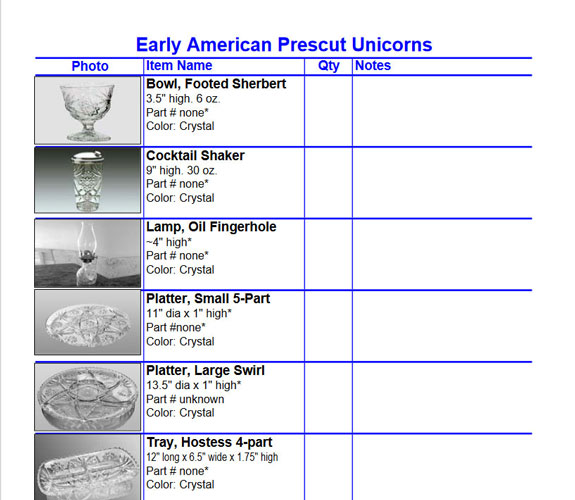 EAPC Unicorns section in all Early American Prescut Collection List PDF files.