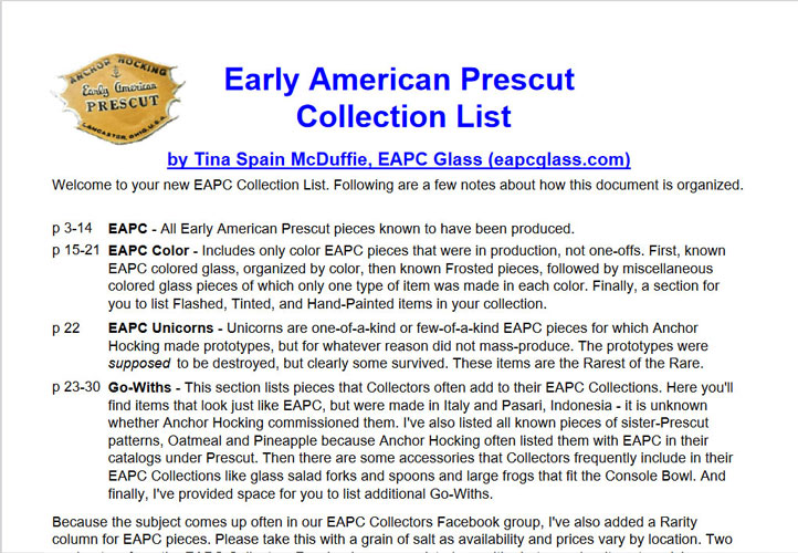 EAPC Welcome Info section in Early American Prescut Collection List PDF file. This section is included in both of the Full List PDF files.